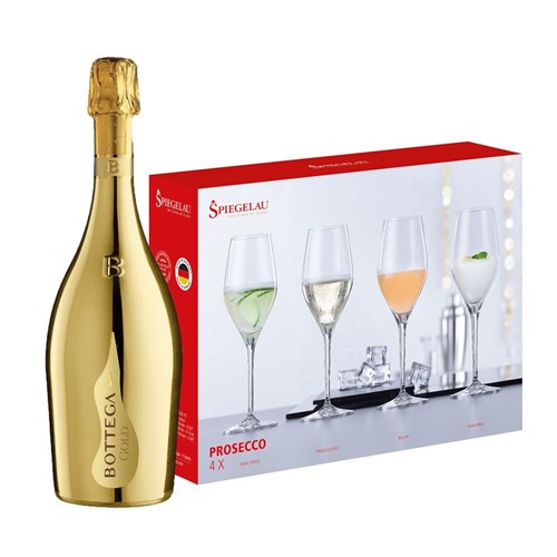 Bottega Gold Prosecco 75cl With A Set Of 4 Spiegelau Prosecco Glasses